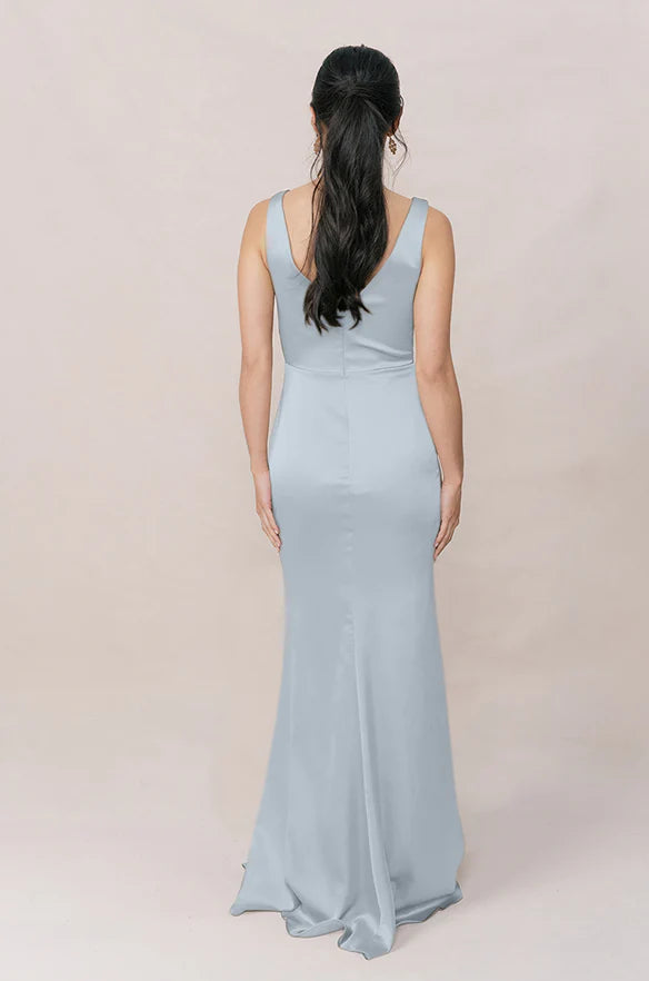 V-Neck Wrap Satin Bridesmaid Dress with Wide Straps, Draped Side Detail, Side High Slit & Slim Maxi Silhouette