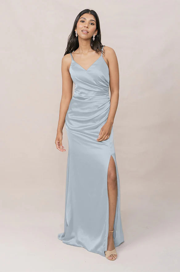 V-Neck Ruched Satin Bridesmaid Dress with Adjustable Spaghetti Straps, Side High Slit & Flowy Maxi Silhouette