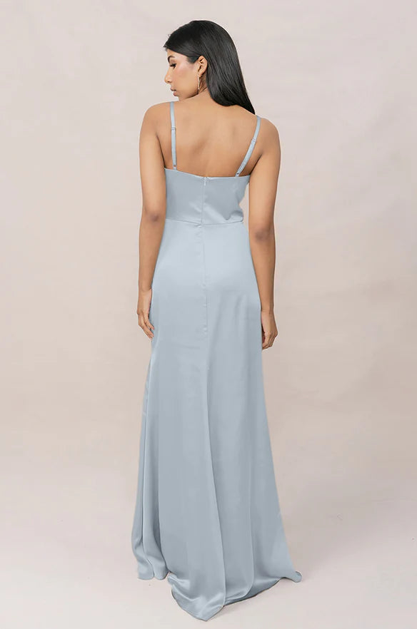 V-Neck Ruched Satin Bridesmaid Dress with Adjustable Spaghetti Straps, Side High Slit & Flowy Maxi Silhouette