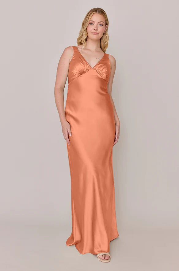 V-Neck Satin Bridesmaid Dress with Cowl Back & Slim-Fit Silhouette