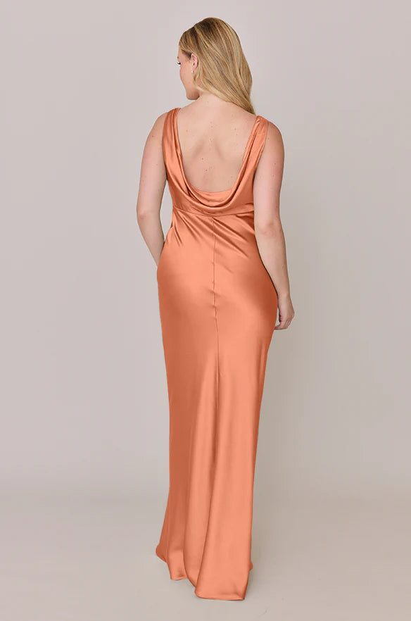 V-Neck Satin Bridesmaid Dress with Cowl Back & Slim-Fit Silhouette