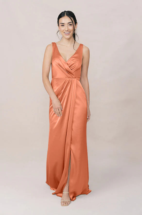 V-Neck Satin Bridesmaid Dress with Twist Front & Mermaid Hem