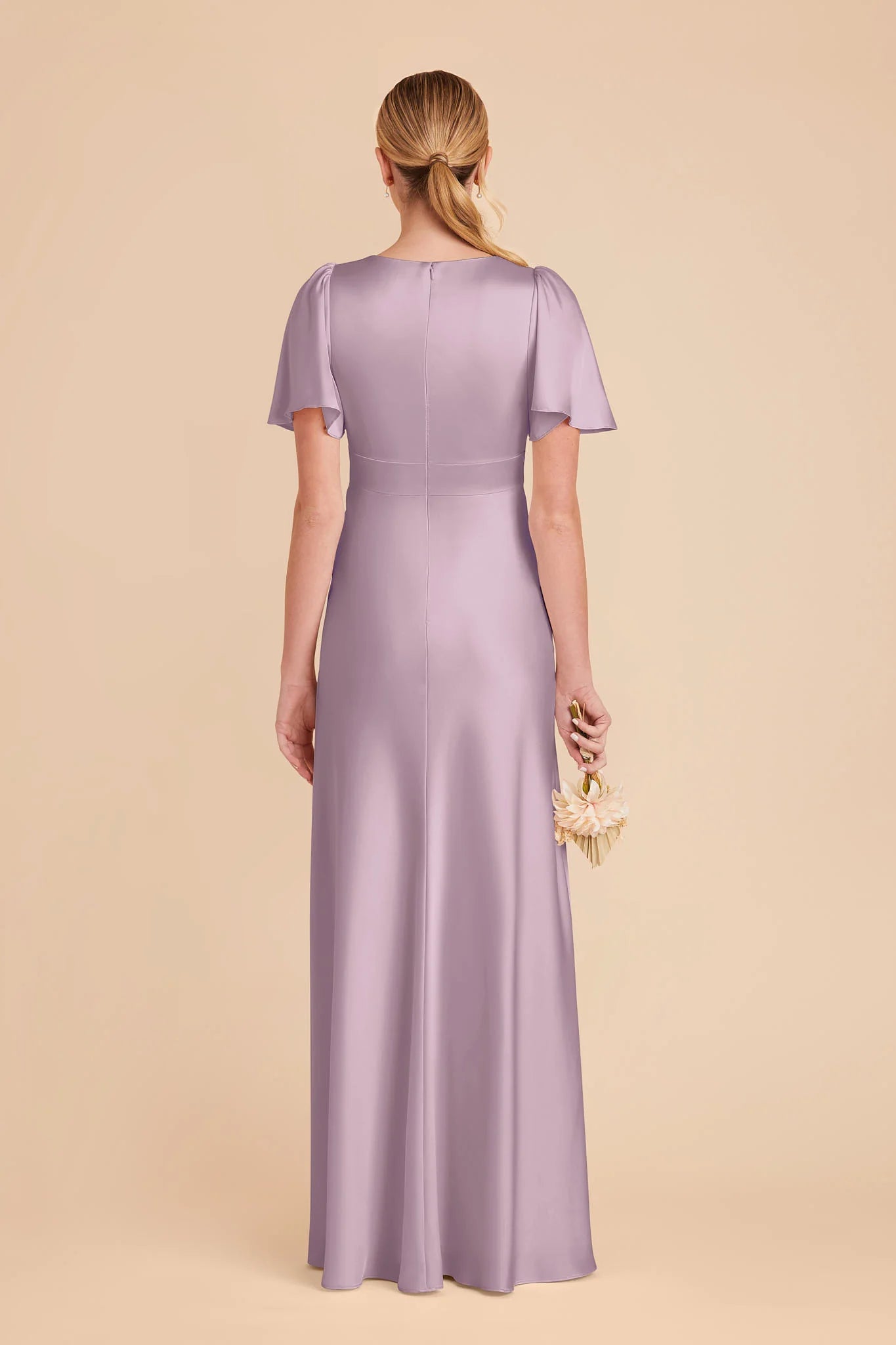 V Neck Flutter Short Sleeve Satin Bridesmaid Dress High Slit A Line Floor Length Empire Waist Wedding Guest Formal Gown