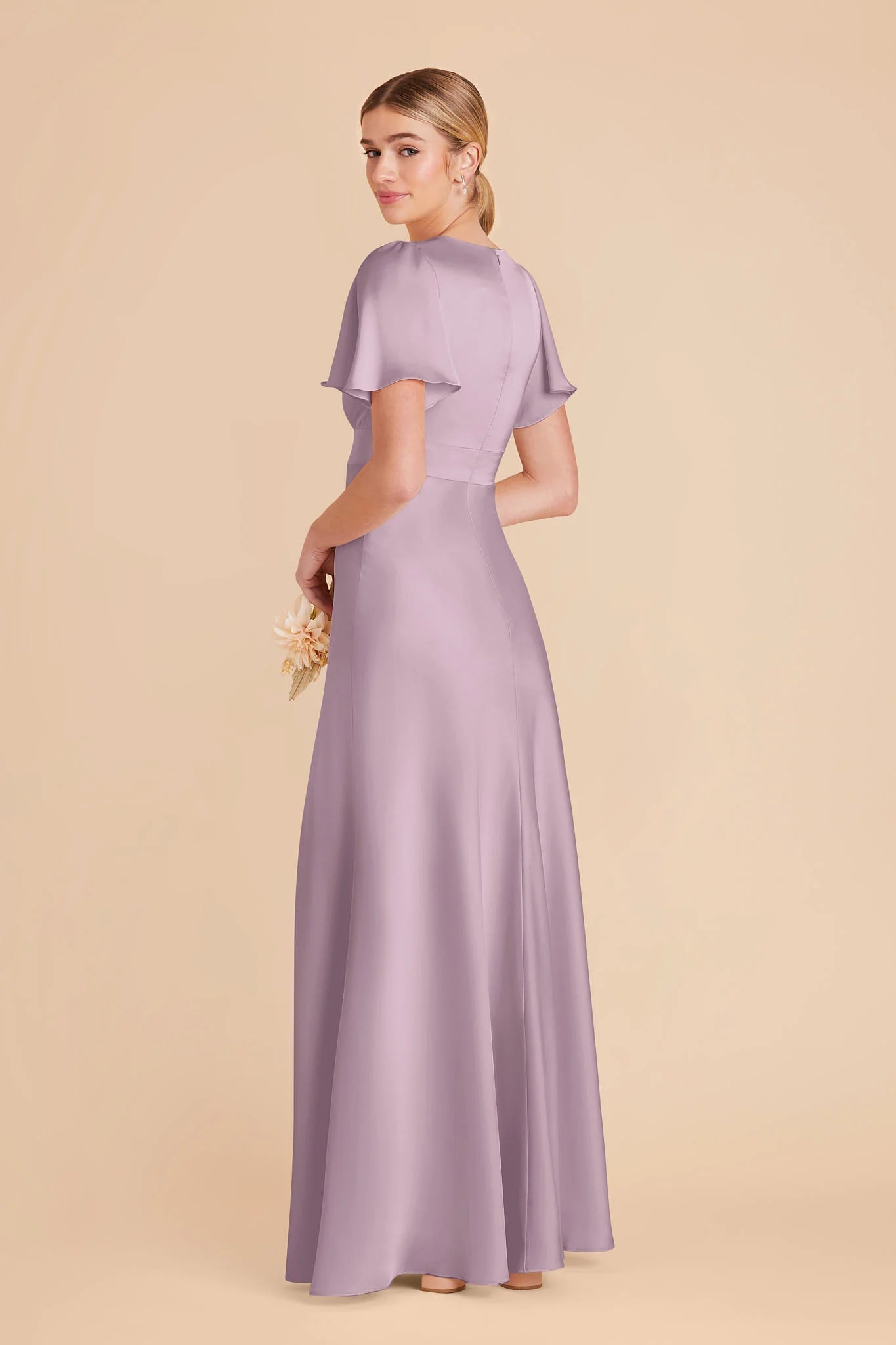 V Neck Flutter Short Sleeve Satin Bridesmaid Dress High Slit A Line Floor Length Empire Waist Wedding Guest Formal Gown