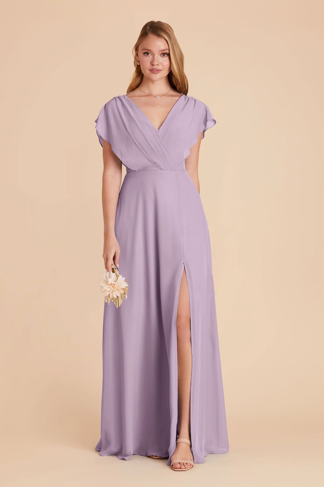 V Neck Flutter Sleeve Chiffon Bridesmaid Dress Back Tie High Slit A Line Floor Length Plus Size Wedding Guest Gown