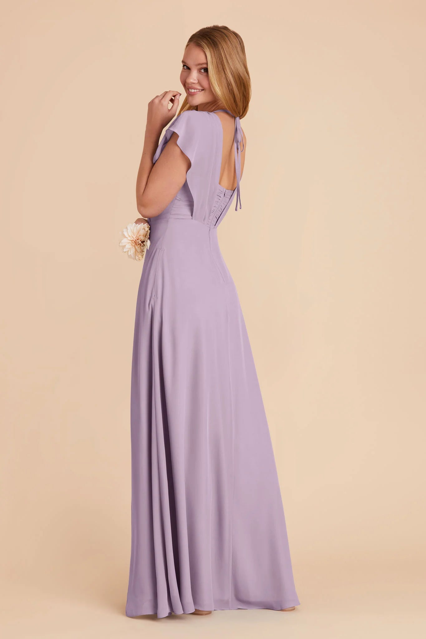 V Neck Flutter Sleeve Chiffon Bridesmaid Dress Back Tie High Slit A Line Floor Length Plus Size Wedding Guest Gown