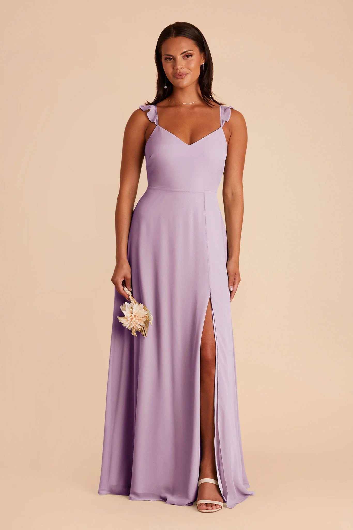V Neck Ruffle Strap Chiffon Bridesmaid Dress Back Bow Tie Cutout High Slit A Line Floor Length Wedding Guest Formal Gown