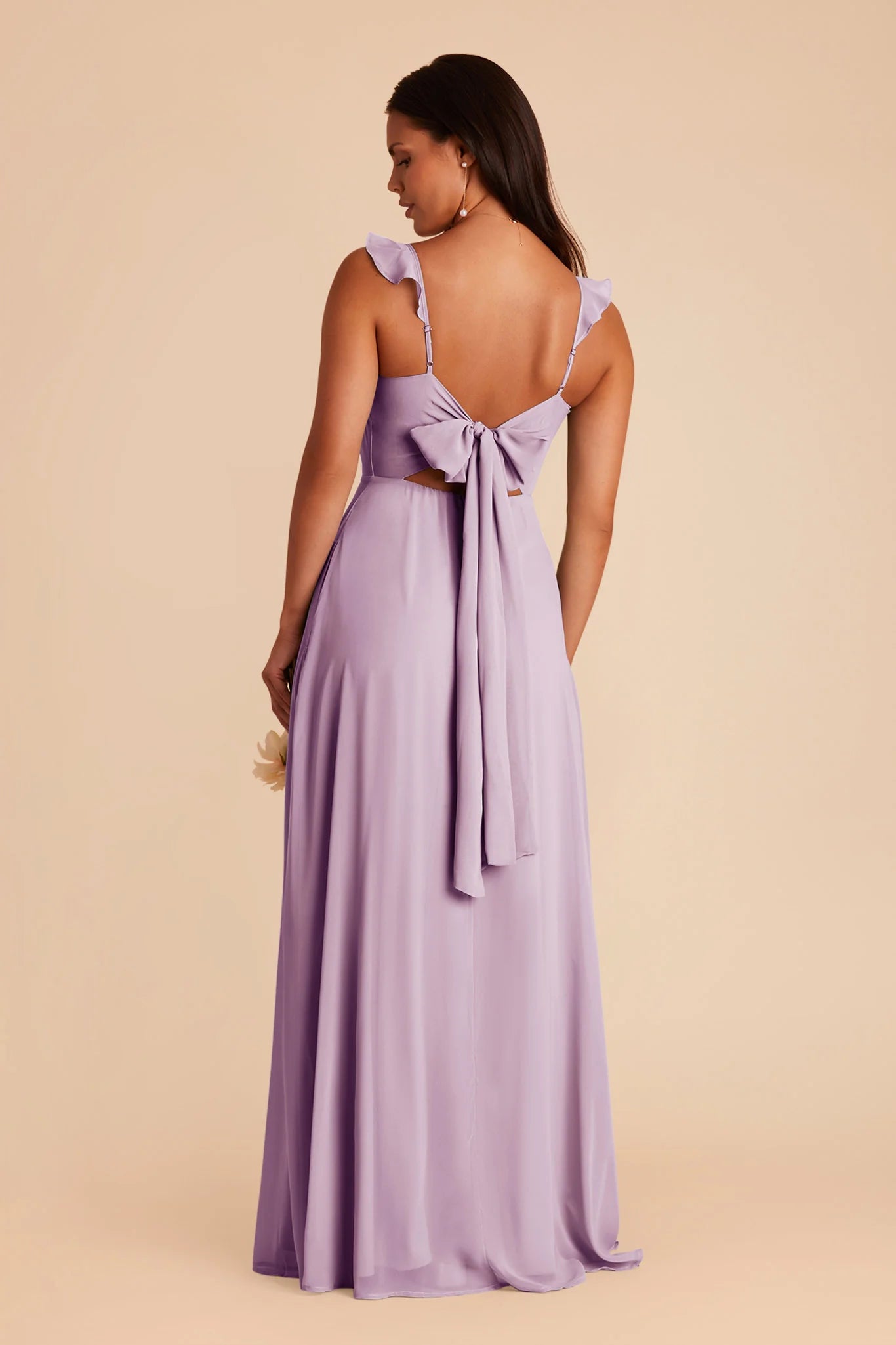 V Neck Ruffle Strap Chiffon Bridesmaid Dress Back Bow Tie Cutout High Slit A Line Floor Length Wedding Guest Formal Gown