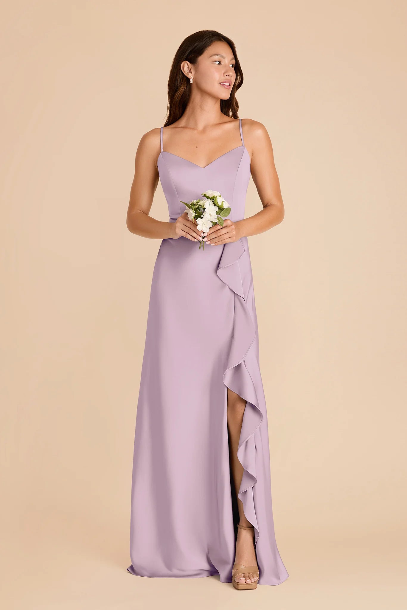 V Neck Spaghetti Strap Satin Bridesmaid Dress Ruffle Trim High Slit A Line Floor Length Plus Size Wedding Guest Gown