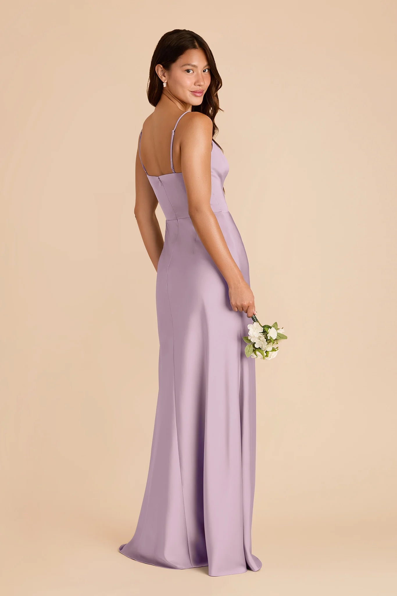 V Neck Spaghetti Strap Satin Bridesmaid Dress Ruffle Trim High Slit A Line Floor Length Plus Size Wedding Guest Gown