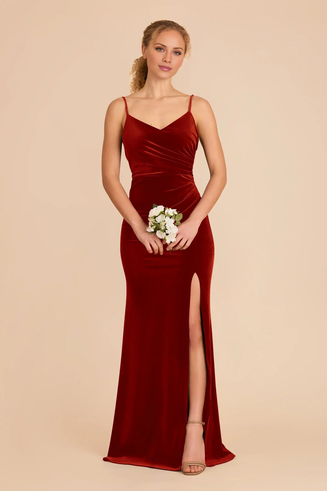 Vibrant Burnt Orange V-Neck Sleeveless Velvet Maxi Bridesmaid Dress