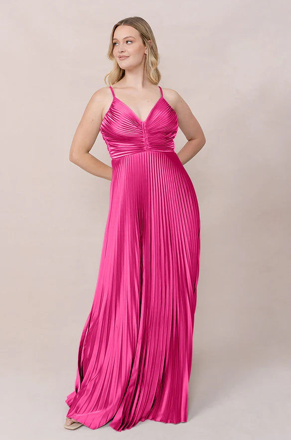Vibrant Pleated Bridesmaid Dresses with V-Neckline, Spaghetti Straps and Lace-Up Back Formal Gown