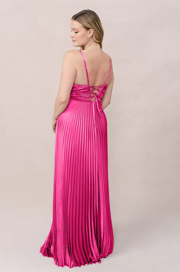 Vibrant Pleated Bridesmaid Dresses with V-Neckline, Spaghetti Straps and Lace-Up Back Formal Gown
