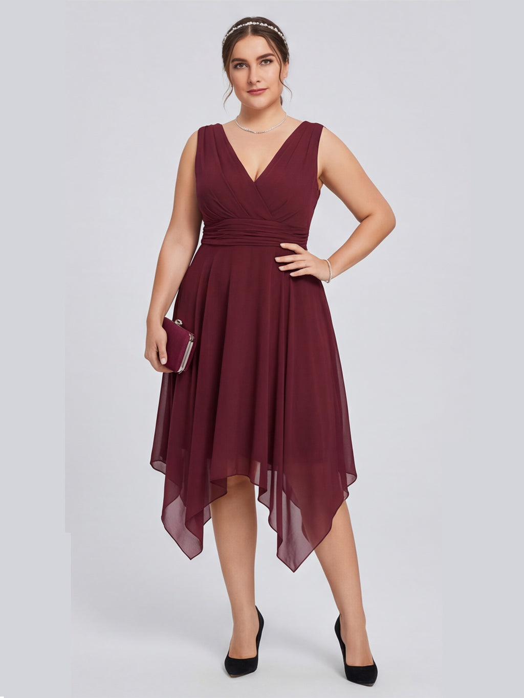 Vintage Cabernet Chiffon A-Line V-Neck V-Back Asymmetrical Plus Size Bridesmaid Dress
