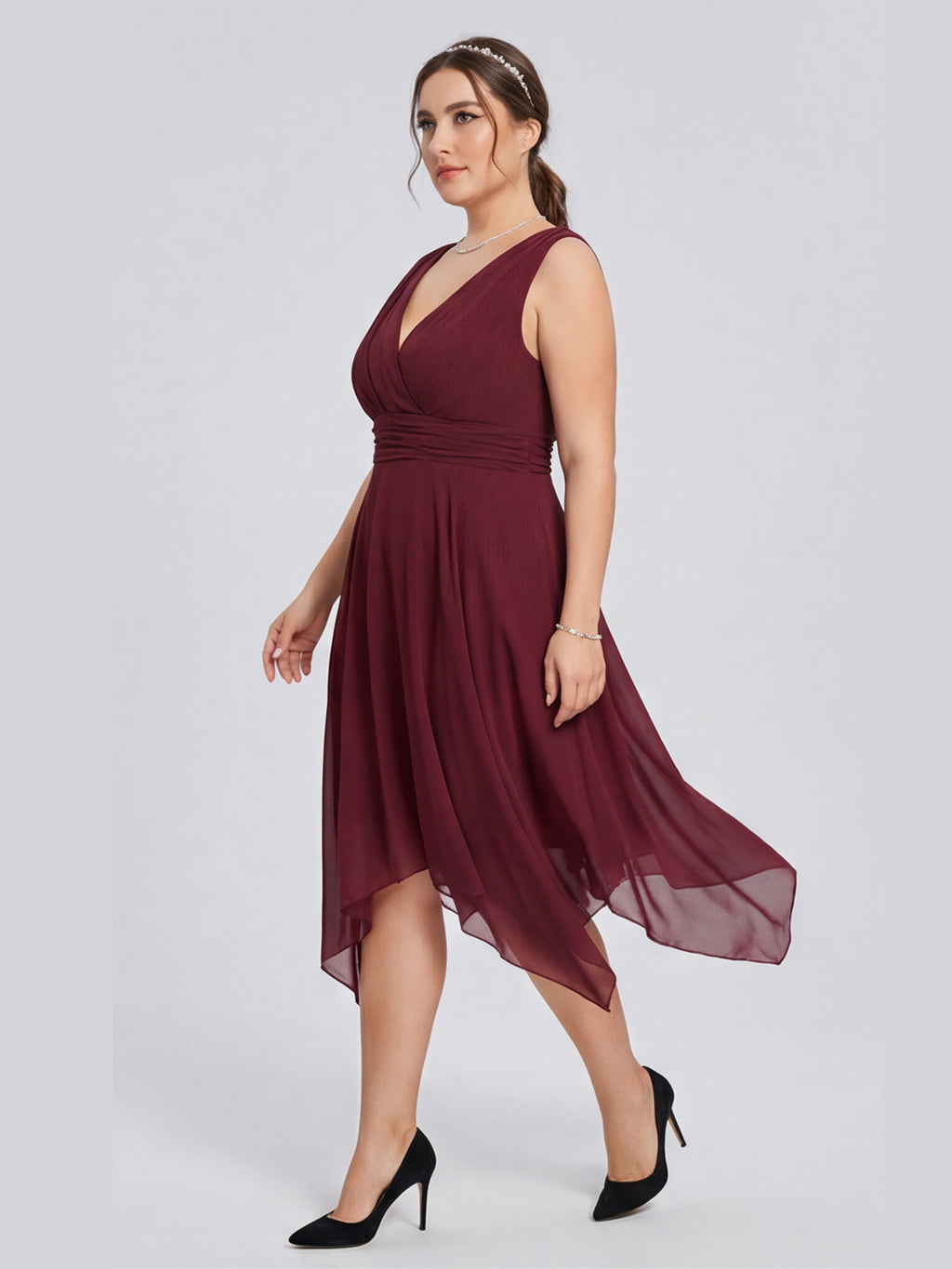 Vintage Cabernet Chiffon A-Line V-Neck V-Back Asymmetrical Plus Size Bridesmaid Dress