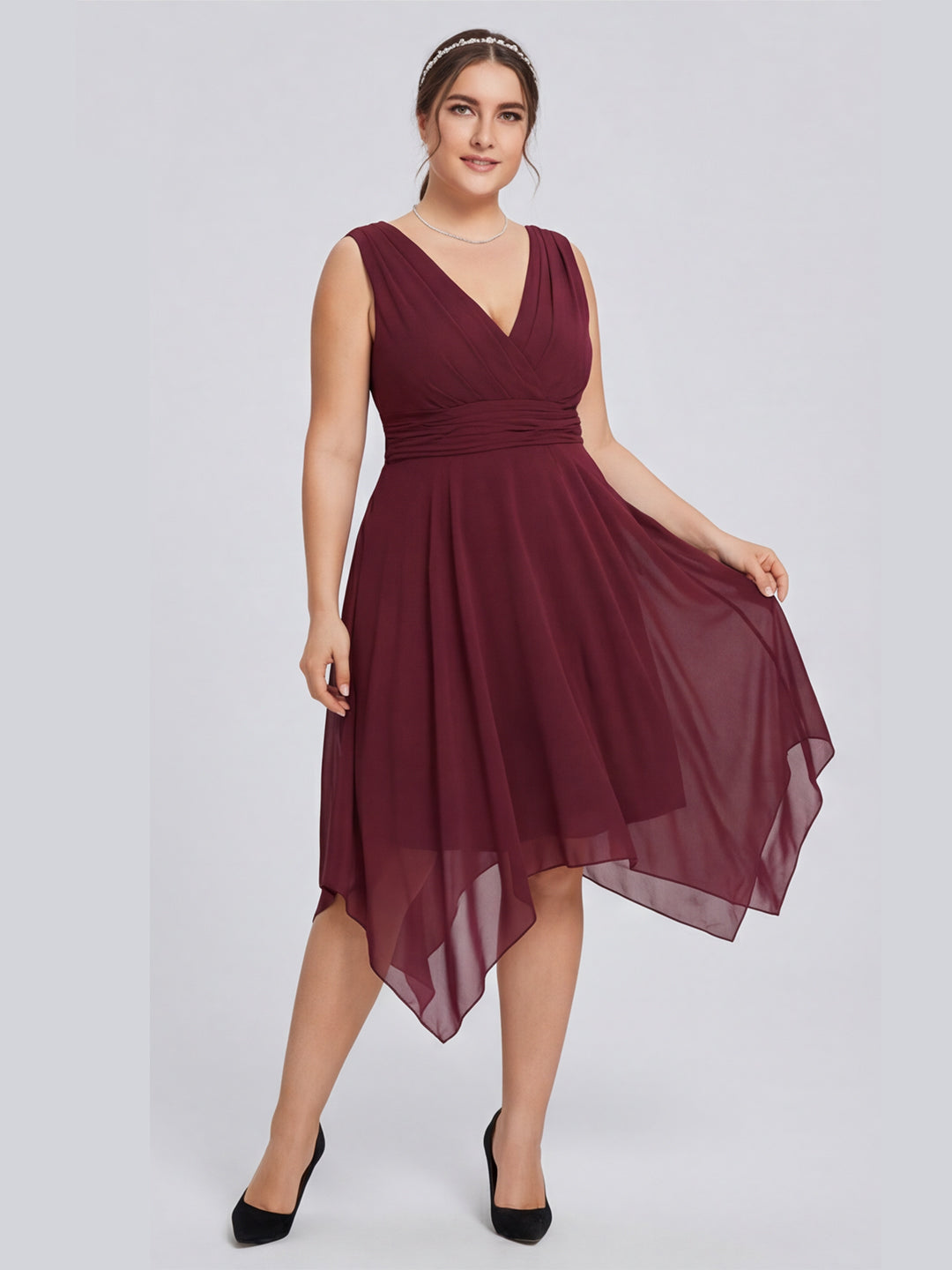 Vintage Cabernet Chiffon A-Line V-Neck V-Back Asymmetrical Plus Size Bridesmaid Dress