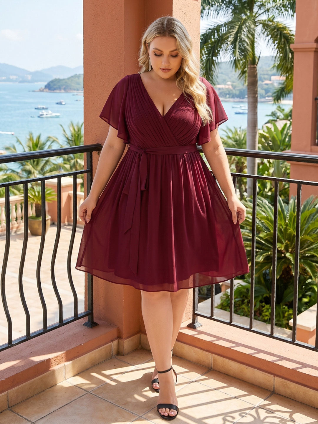 Vintage Cabernet Chiffon A-Line V-Neck Lace-up Knee-Length Plus Size Bridesmaid Dress
