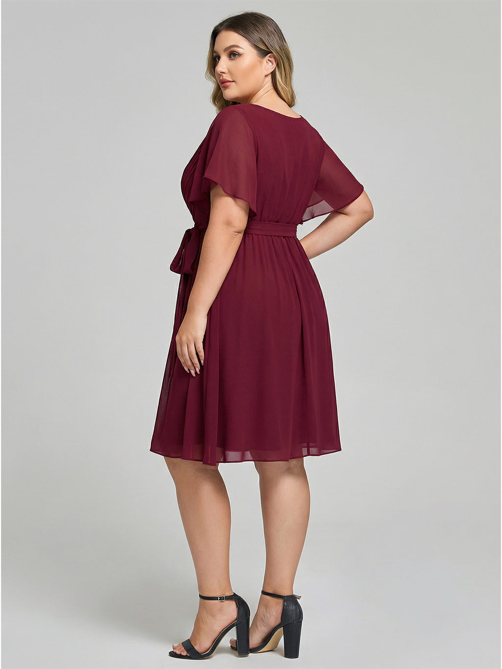 Vintage Cabernet Chiffon A-Line V-Neck Lace-up Knee-Length Plus Size Bridesmaid Dress