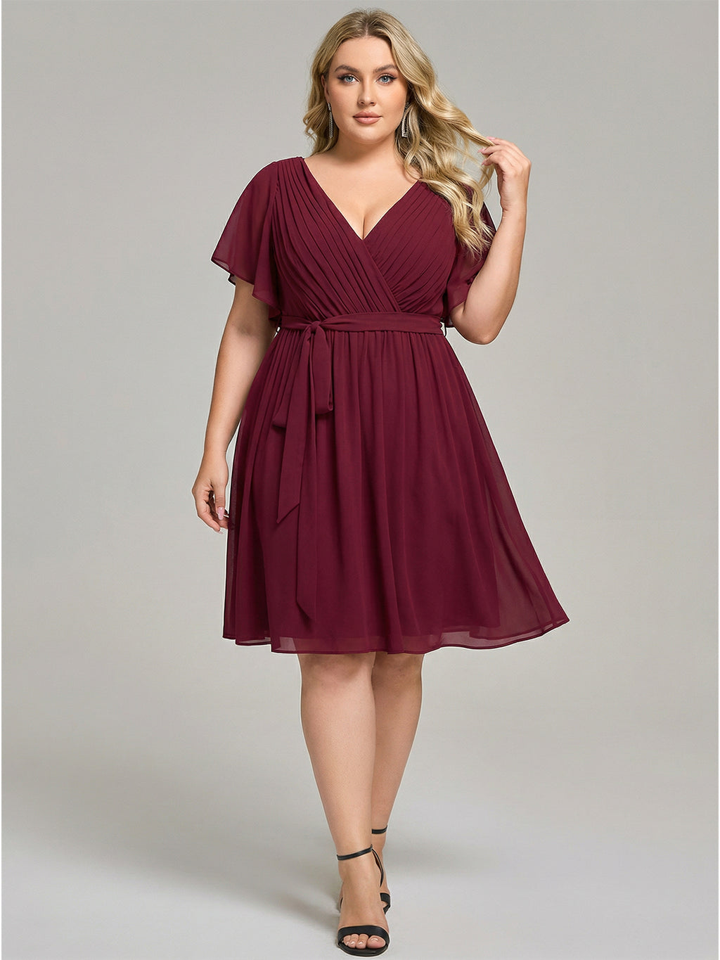 Vintage Cabernet Chiffon A-Line V-Neck Lace-up Knee-Length Plus Size Bridesmaid Dress
