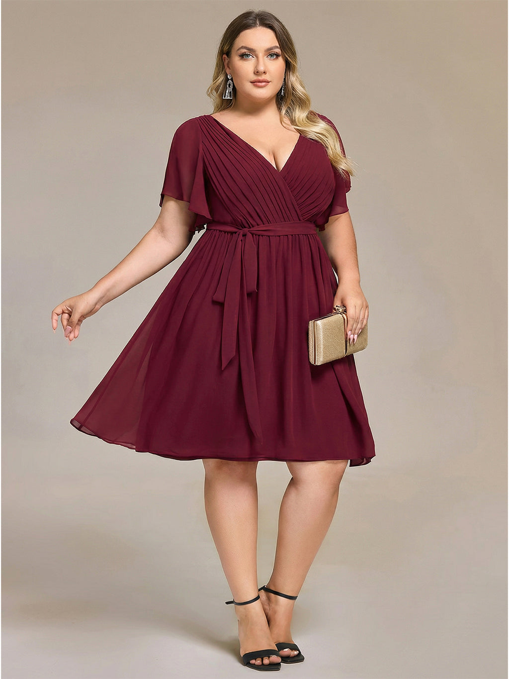 Vintage Cabernet Chiffon A-Line V-Neck Lace-up Knee-Length Plus Size Bridesmaid Dress