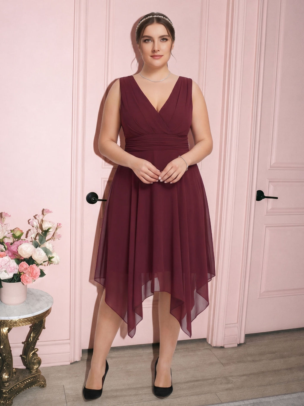 Vintage Cabernet Chiffon A-Line V-Neck V-Back Asymmetrical Plus Size Bridesmaid Dress