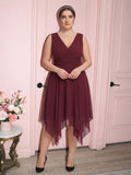 Vintage Cabernet Chiffon A-Line V-Neck V-Back Asymmetrical Plus Size Bridesmaid Dress
