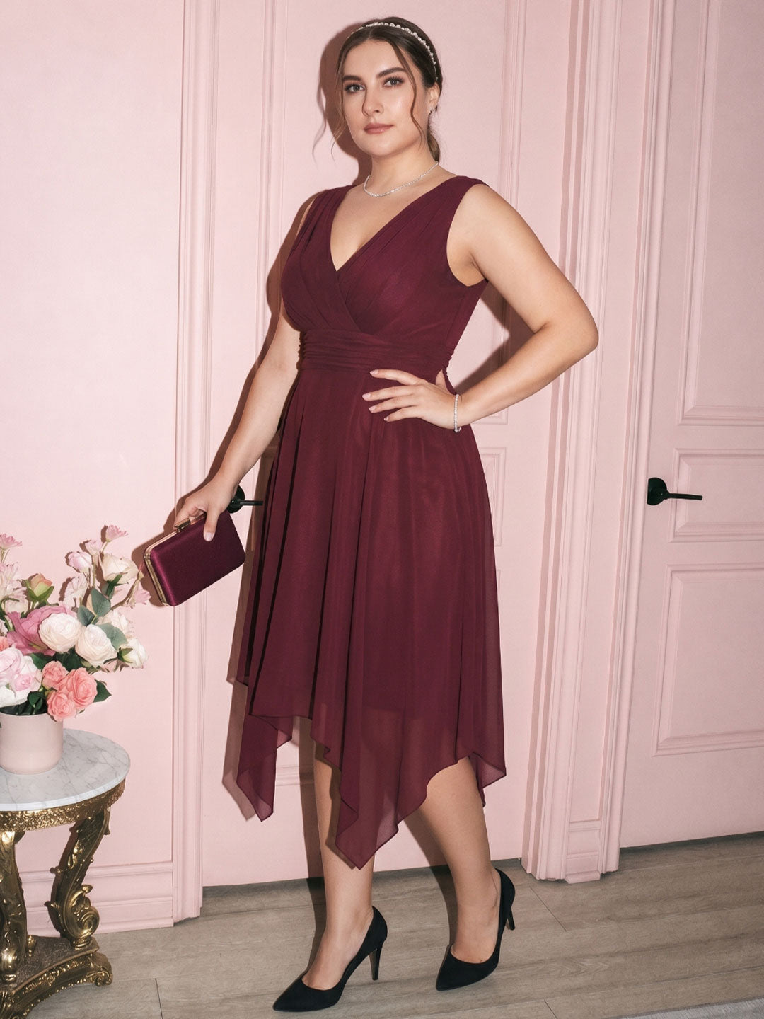 Vintage Cabernet Chiffon A-Line V-Neck V-Back Asymmetrical Plus Size Bridesmaid Dress