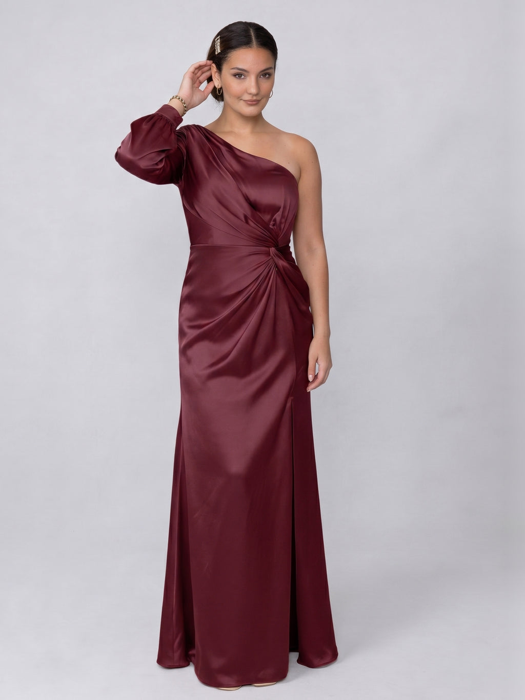 Vintage Cabernet Satin Trumpet One Shoulder Backless Ankle-Length with Pleated Bridesmaid Dress