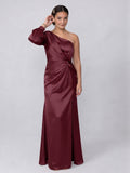 Vintage Cabernet Satin Trumpet One Shoulder Backless Ankle-Length with Pleated Bridesmaid Dress