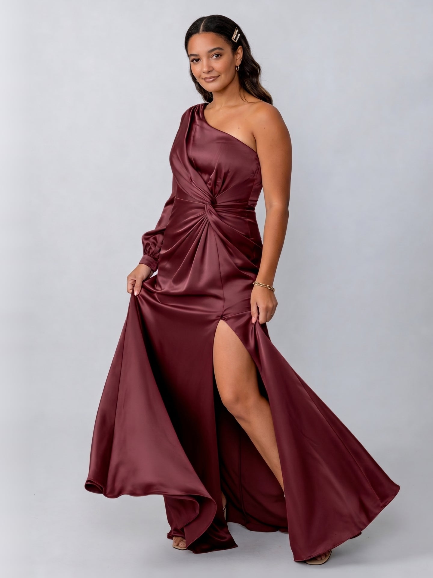 Vintage Cabernet Satin Trumpet One Shoulder Backless Ankle-Length with Pleated Bridesmaid Dress
