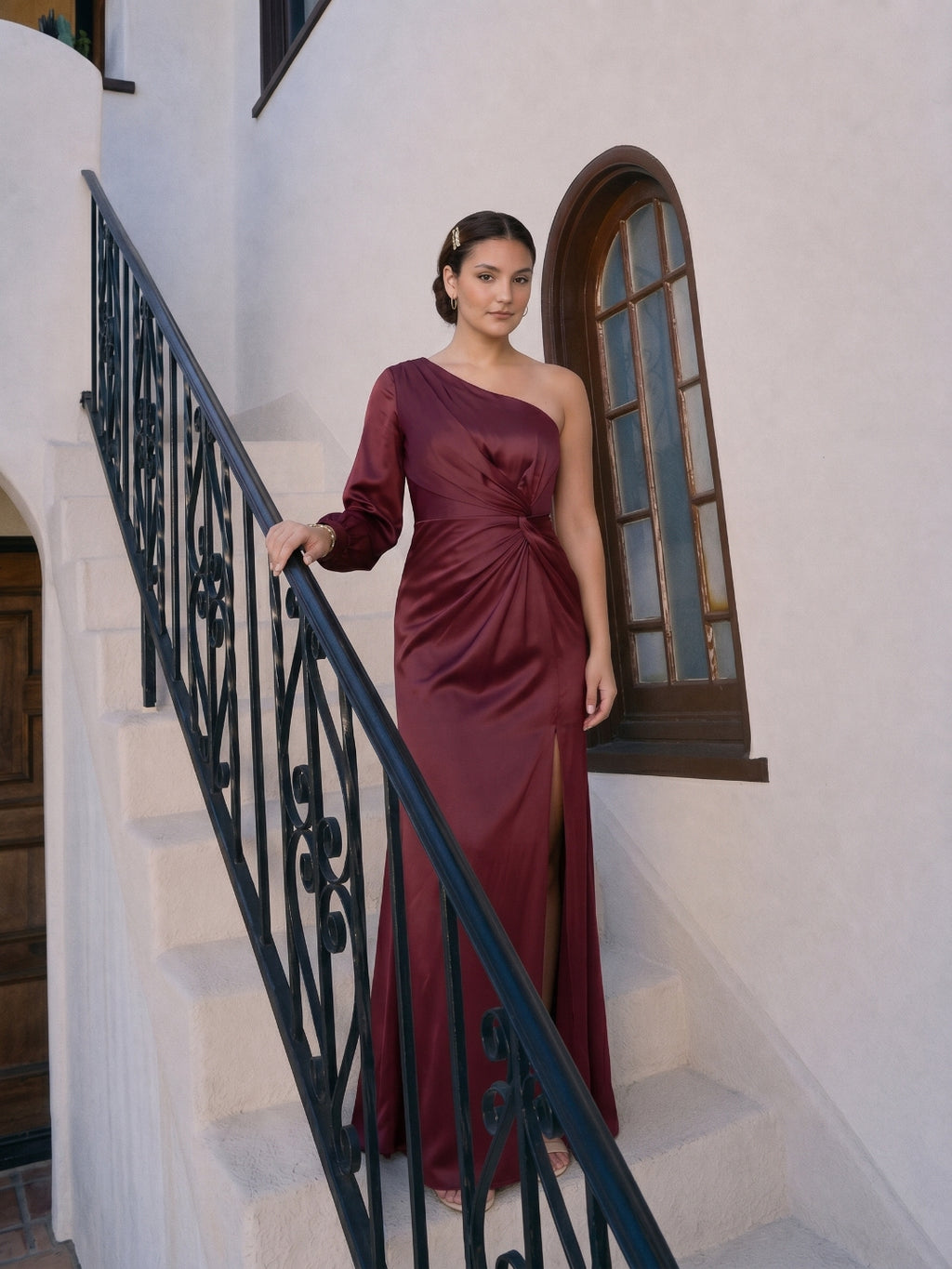 Vintage Cabernet Satin Trumpet One Shoulder Backless Ankle-Length with Pleated Bridesmaid Dress