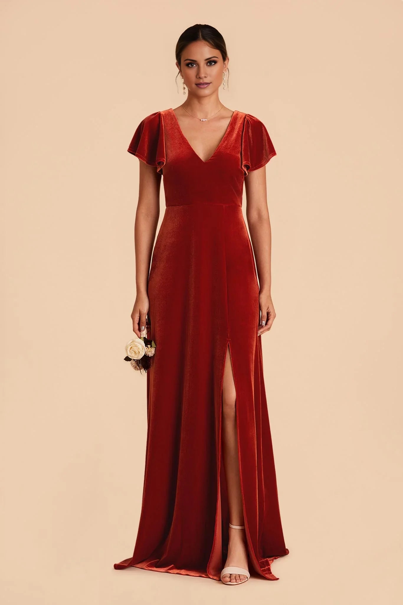 Warm Burnt Orange Velvet V-Neck Flutter-Sleeve Maxi Bridesmaid Dress with High Side Slit & Open Back