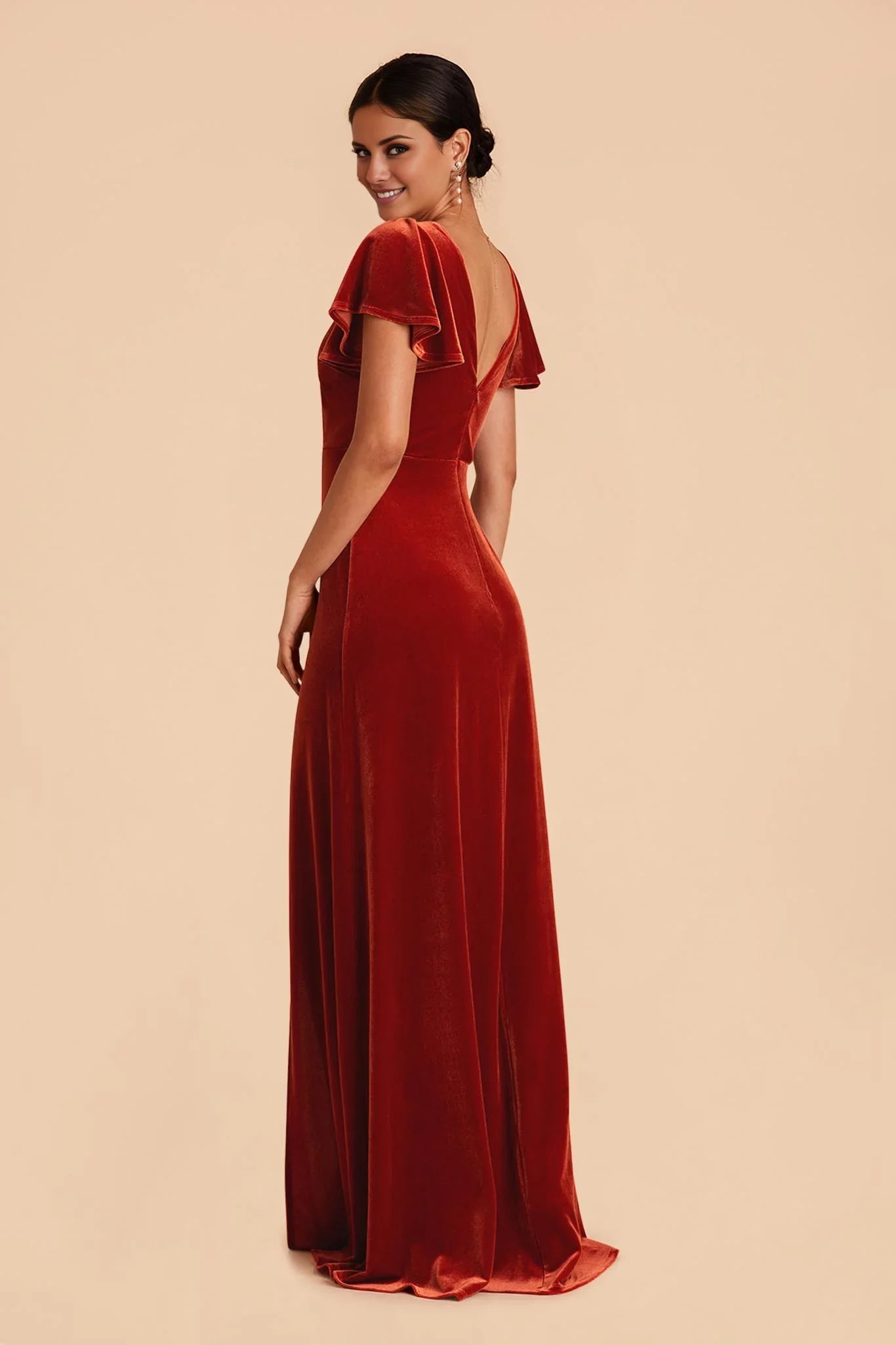 Warm Burnt Orange Velvet V-Neck Flutter-Sleeve Maxi Bridesmaid Dress with High Side Slit & Open Back