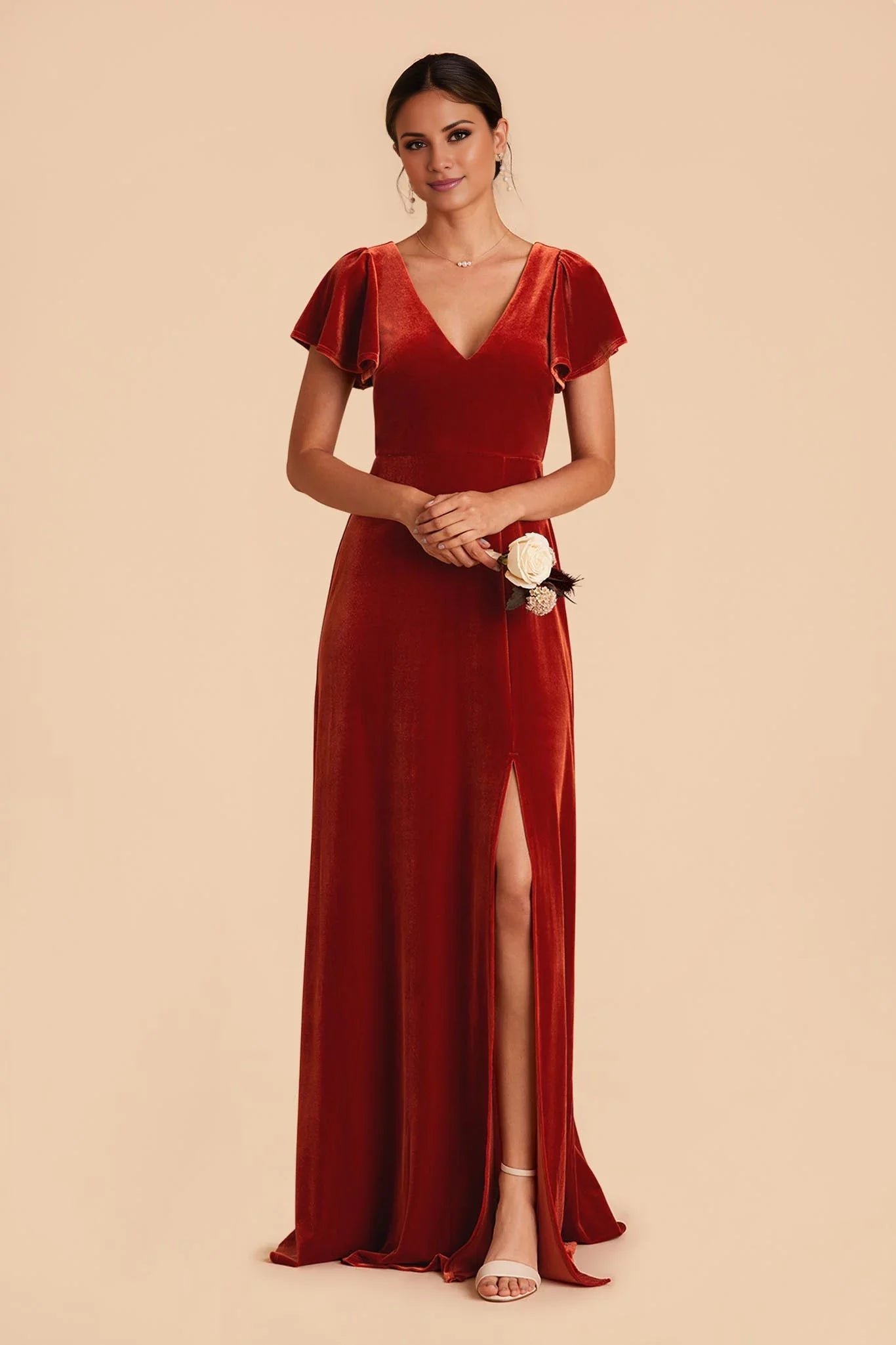 Warm Burnt Orange Velvet V-Neck Flutter-Sleeve Maxi Bridesmaid Dress with High Side Slit & Open Back