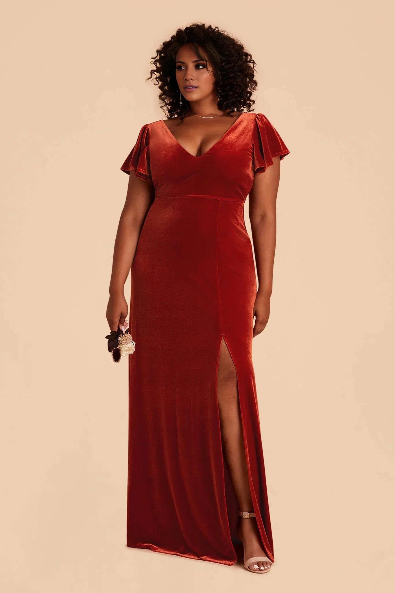 Warm Burnt Orange Velvet V-Neck Flutter-Sleeve Maxi Bridesmaid Dress with High Side Slit & Open Back