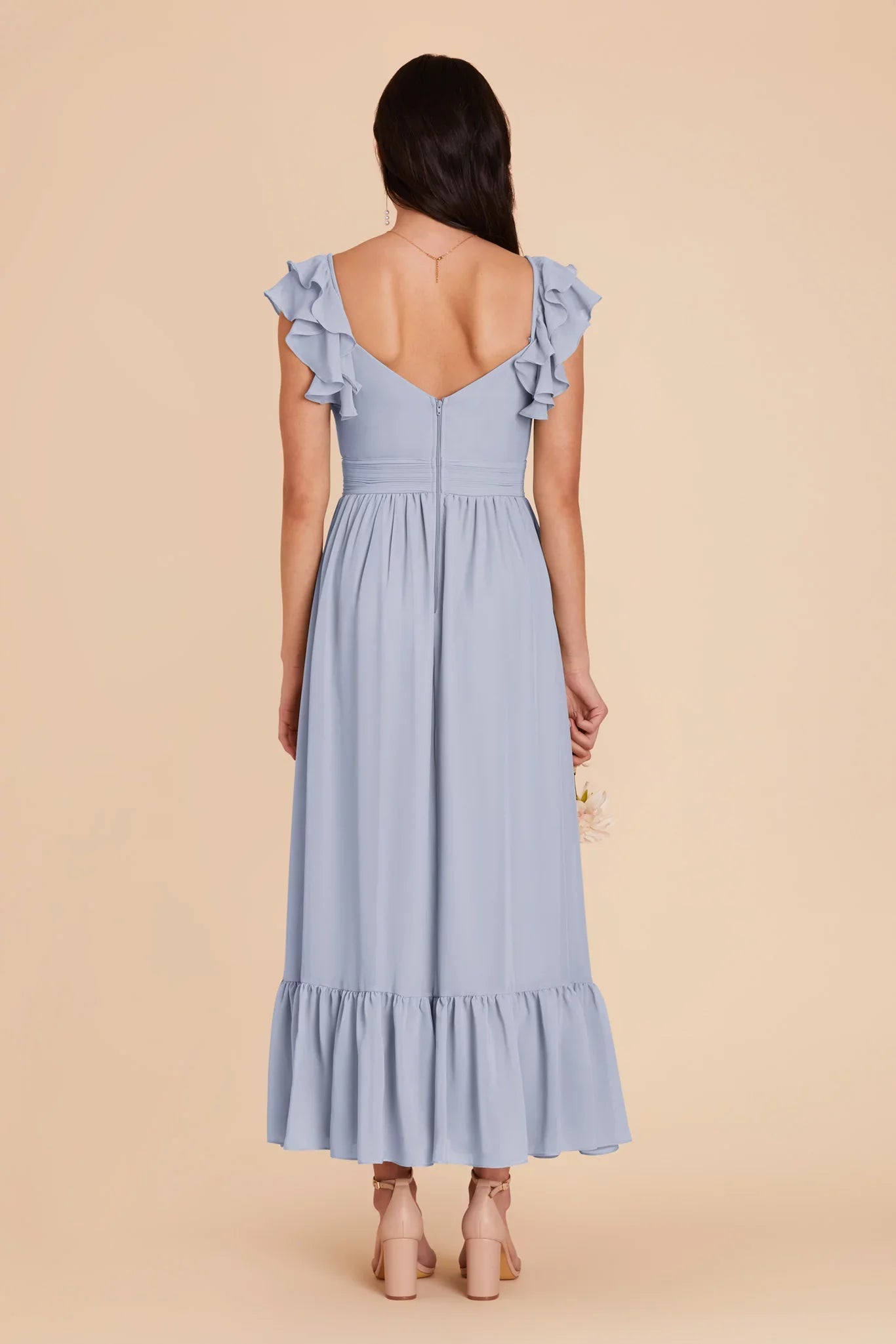 Whimsical Dusty Blue Chiffon Ruffle-Trim Plunging V-Neck Tiered Midi-Length Bridesmaid Gown