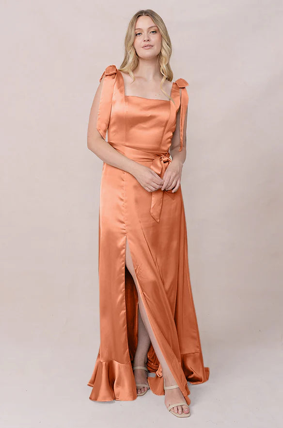 Whimsical Square Neck Tie-Shoulder Tie-Waist Ruffle Hem A-Line Floor-Length Bridesmaid Dress