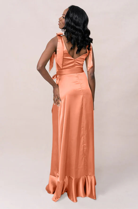 Whimsical Square Neck Tie-Shoulder Tie-Waist Ruffle Hem A-Line Floor-Length Bridesmaid Dress