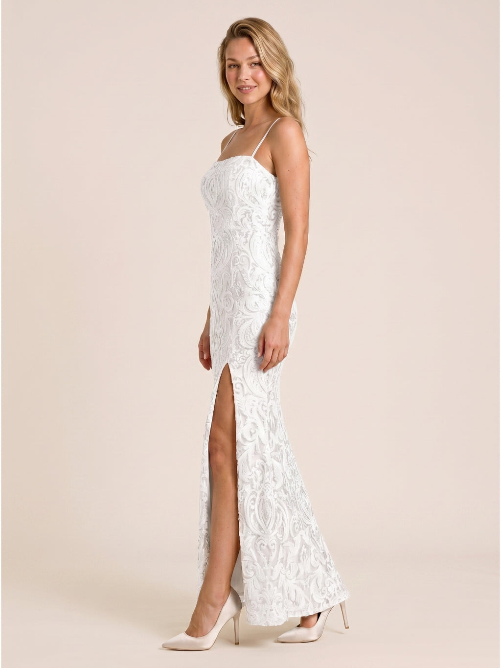 White Lace Mermaid Square Neck Backless Floor-Length evening dress with 3D Flowers