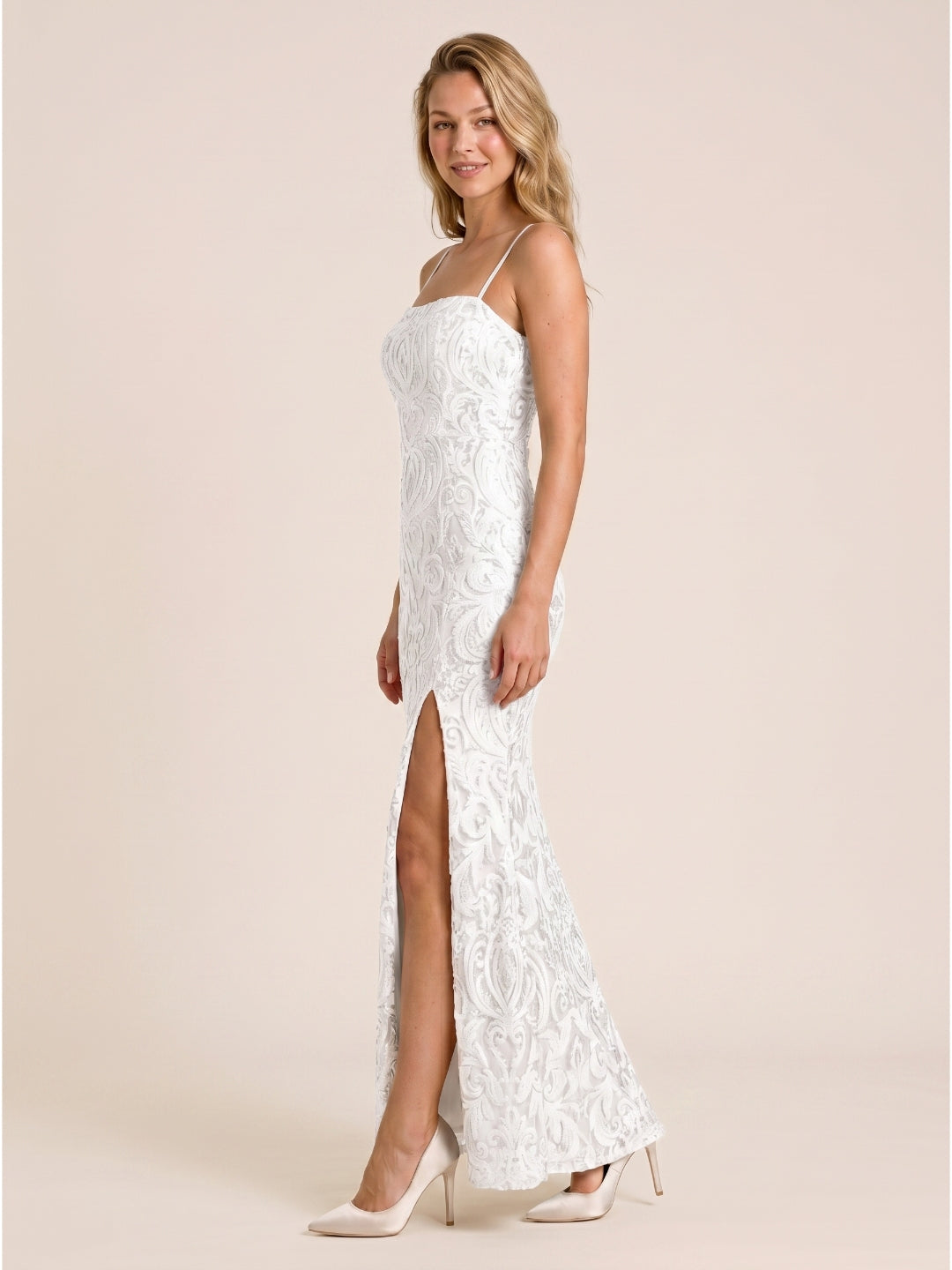 White Lace Mermaid Square Neck Backless Floor-Length evening dress with 3D Flowers