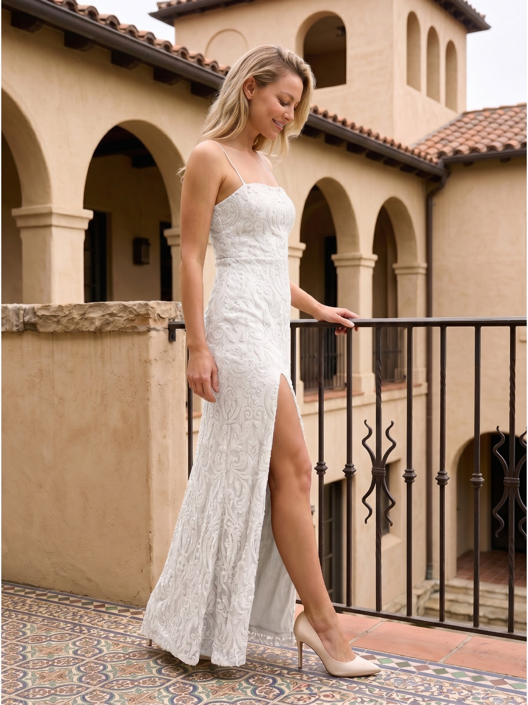 White Lace Mermaid Square Neck Backless Floor-Length evening dress with 3D Flowers