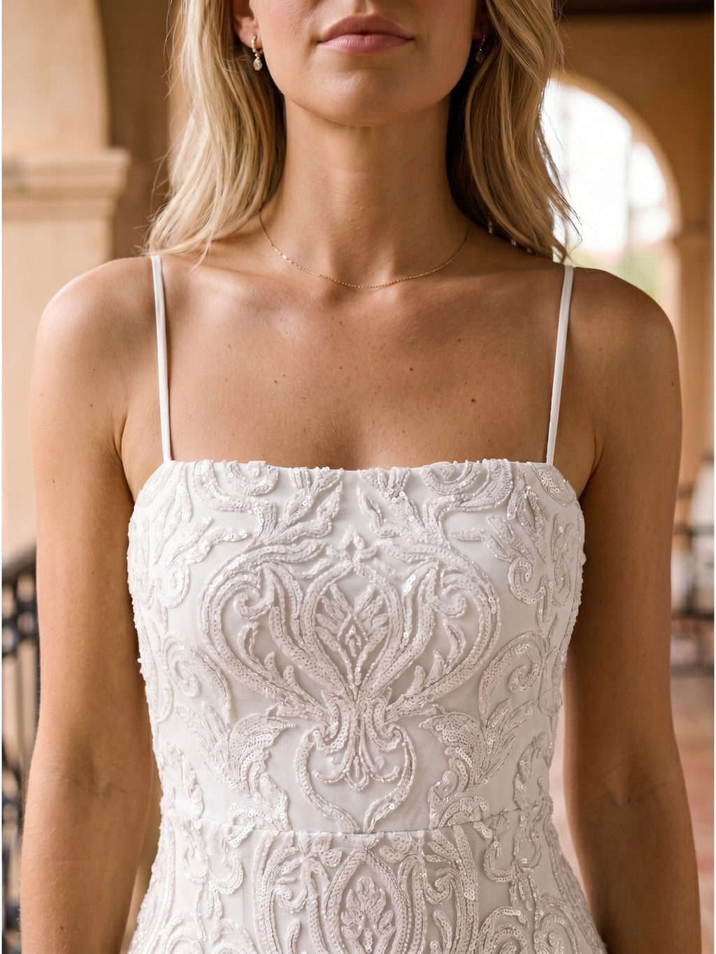 White Lace Mermaid Square Neck Backless Floor-Length evening dress with 3D Flowers