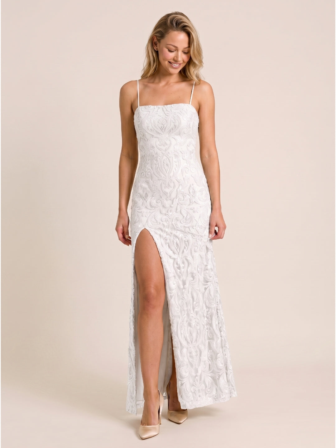 White Lace Mermaid Square Neck Backless Floor-Length evening dress with 3D Flowers