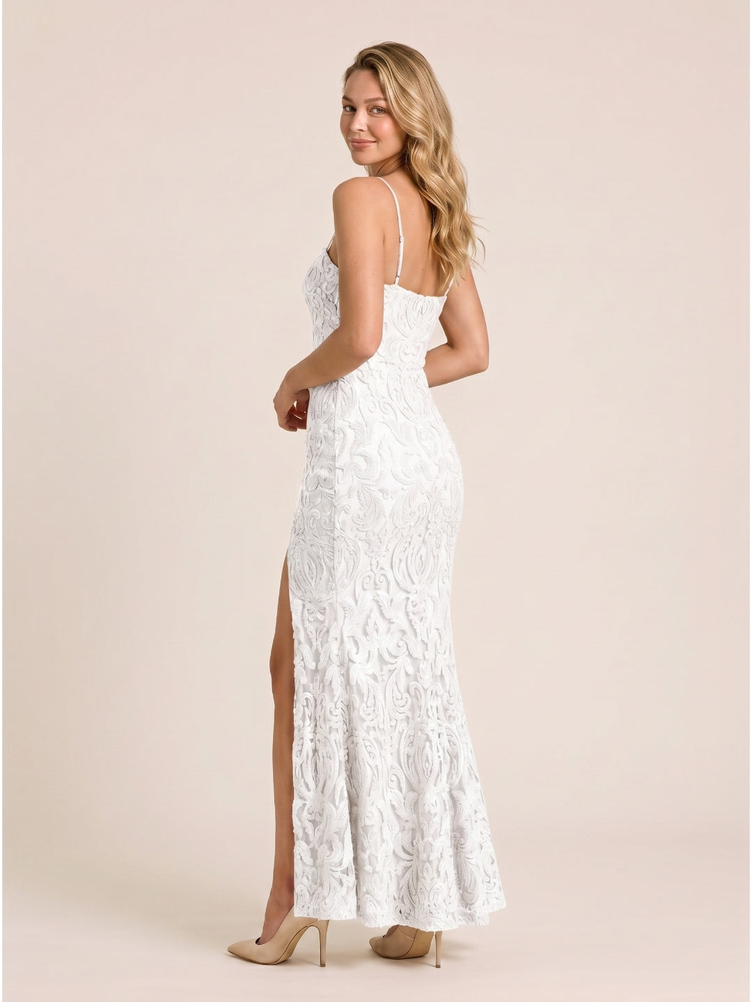 White Lace Mermaid Square Neck Backless Floor-Length evening dress with 3D Flowers