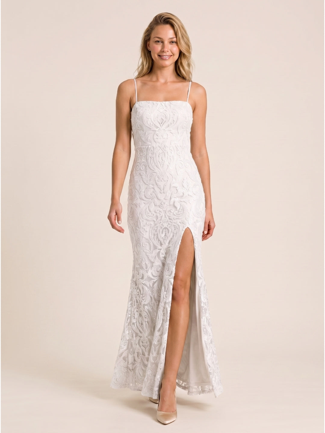 White Lace Mermaid Square Neck Backless Floor-Length evening dress with 3D Flowers