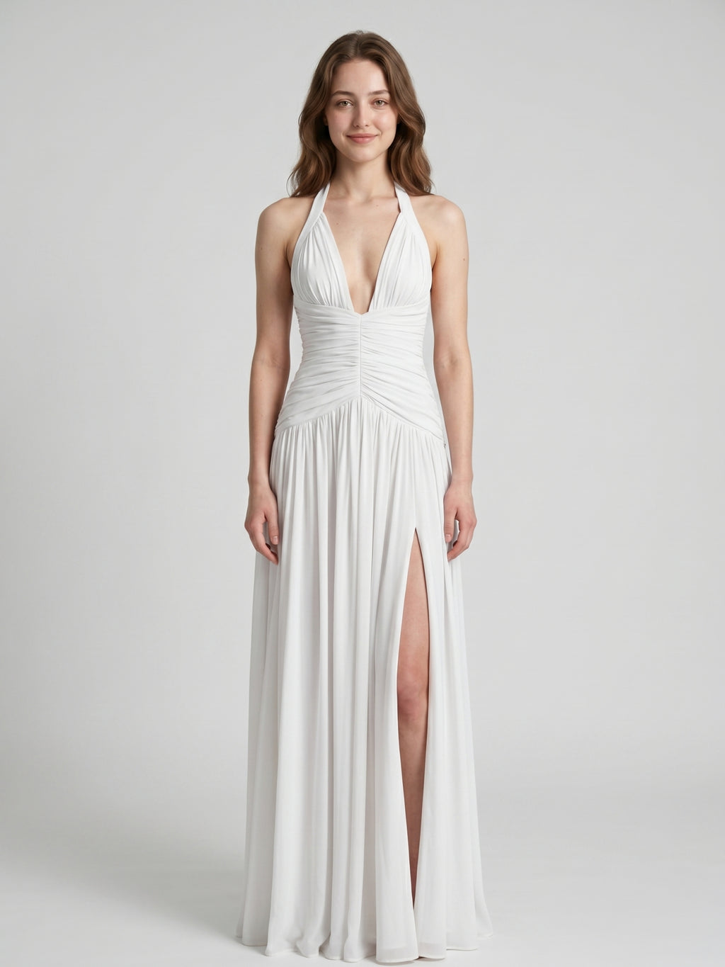 White Chiffon A-Line Halter Criss-Cross Floor-Length Bridesmaid Dress with Pleats