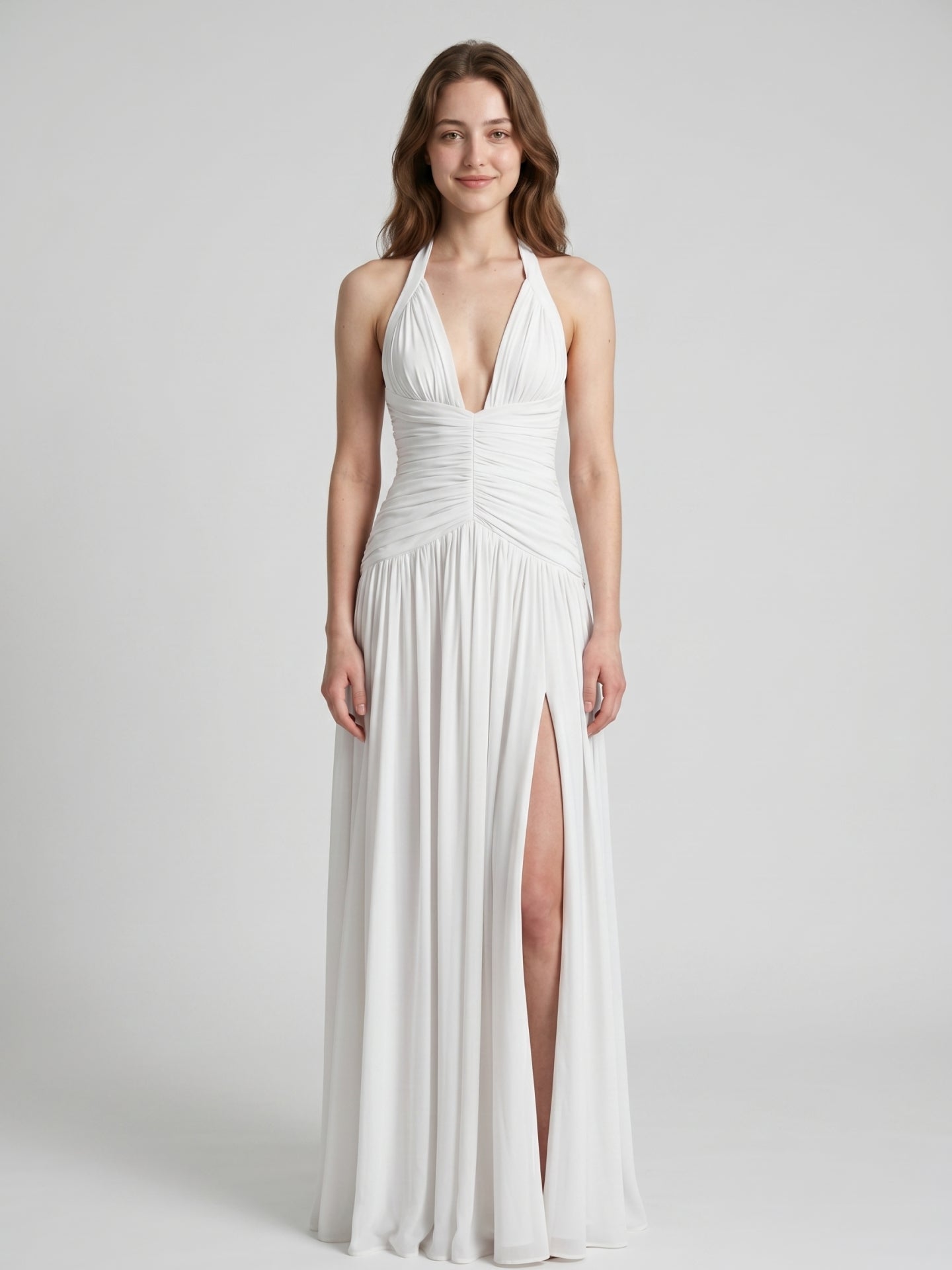 White Chiffon A-Line Halter Criss-Cross Floor-Length Bridesmaid Dress with Pleats