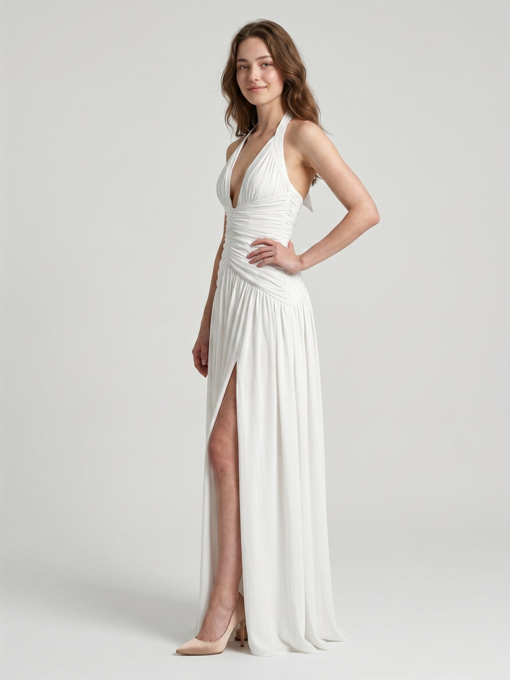 White Chiffon A-Line Halter Criss-Cross Floor-Length Bridesmaid Dress with Pleats