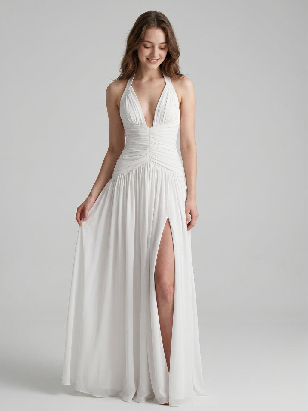 White Chiffon A-Line Halter Criss-Cross Floor-Length Bridesmaid Dress with Pleats
