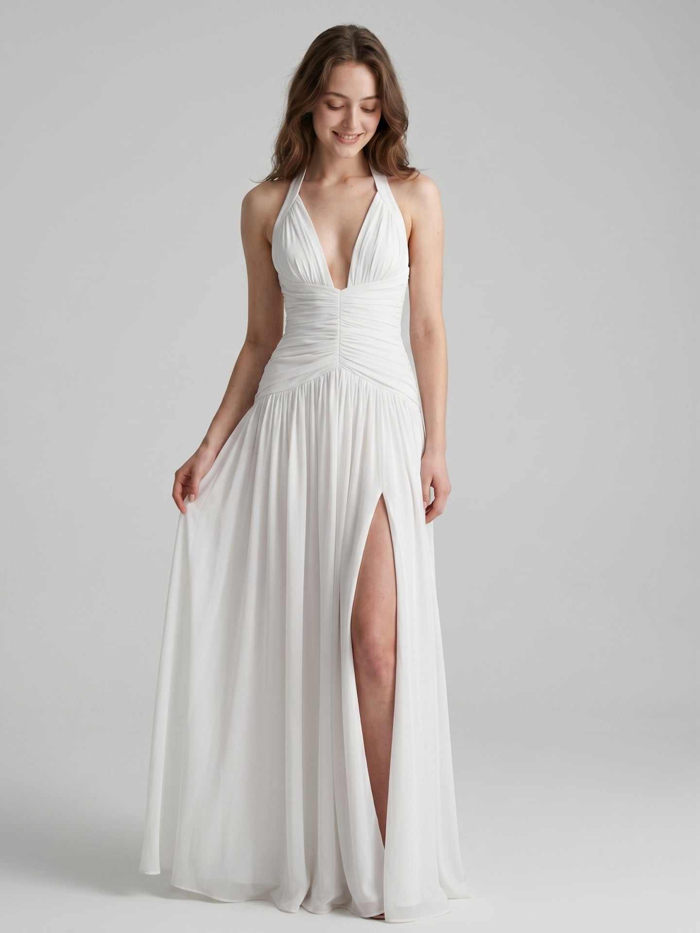 White Chiffon A-Line Halter Criss-Cross Floor-Length Bridesmaid Dress with Pleats